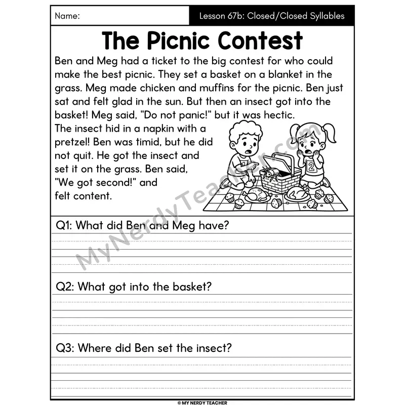 Closed-Closed Syllables Decodable Passage - The Picnic Contest (Written Answers)