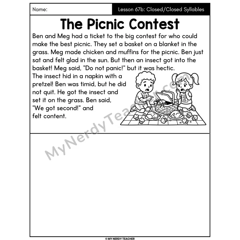 Closed-Closed Syllables Decodable Passage - The Picnic Contest (Draw the Story)