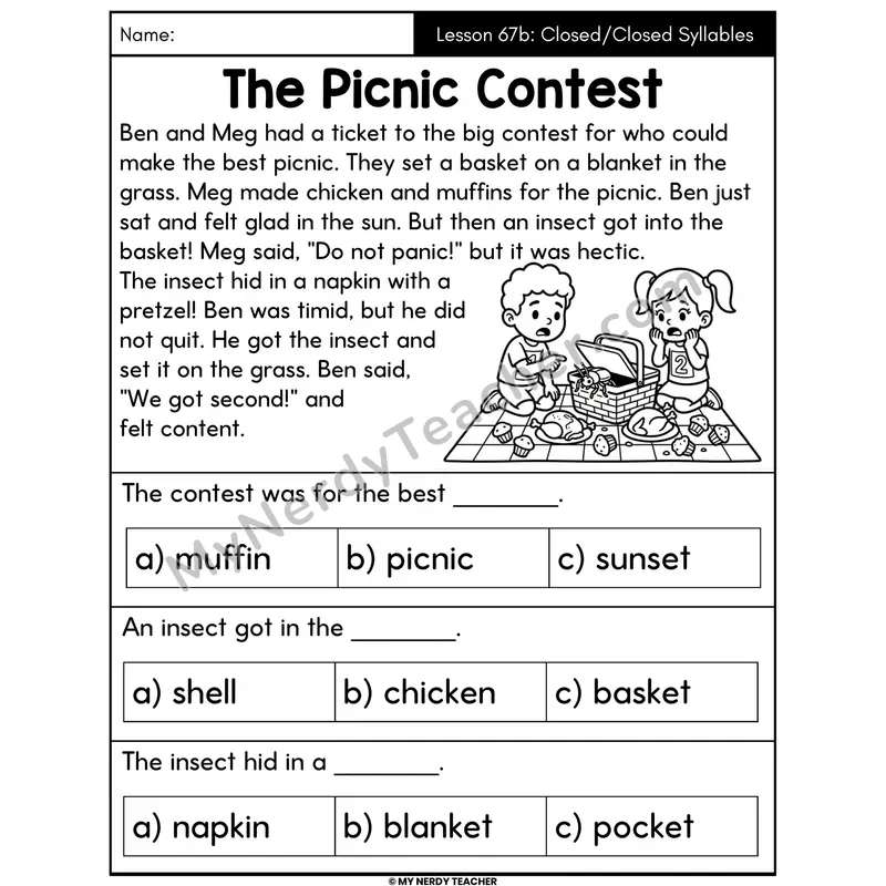 Closed-Closed Syllables Decodable Passage - The Picnic Contest (Multiple Choice)