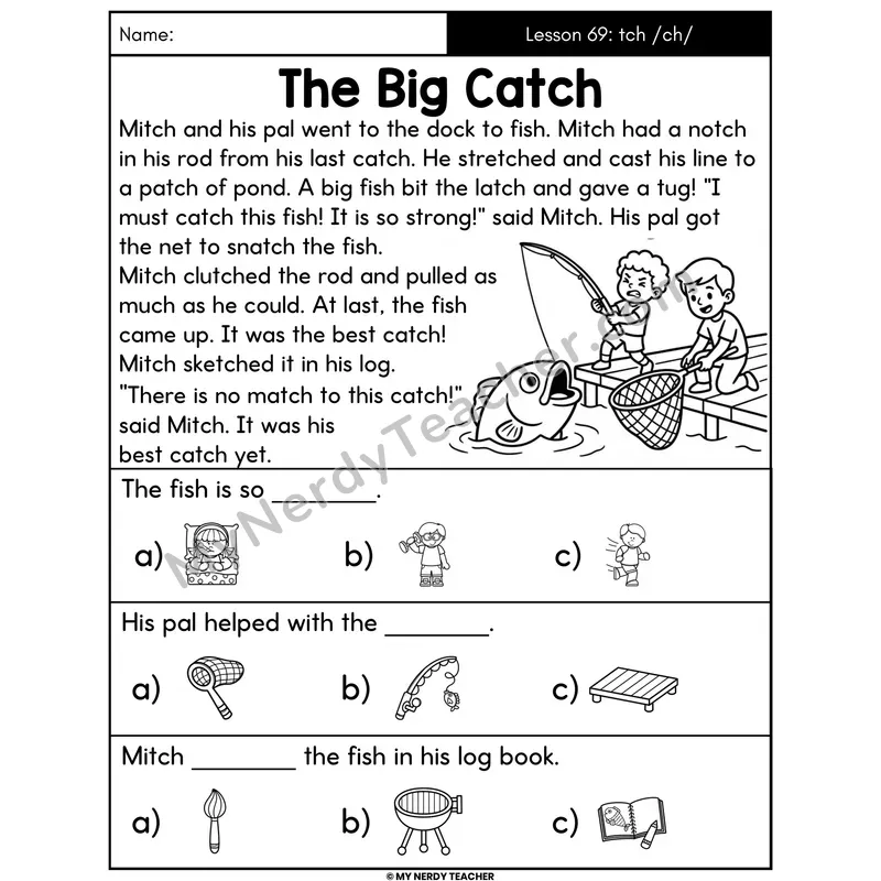 tch Trigraph Decodable Passage - The Big Catch (Picture Choices)
