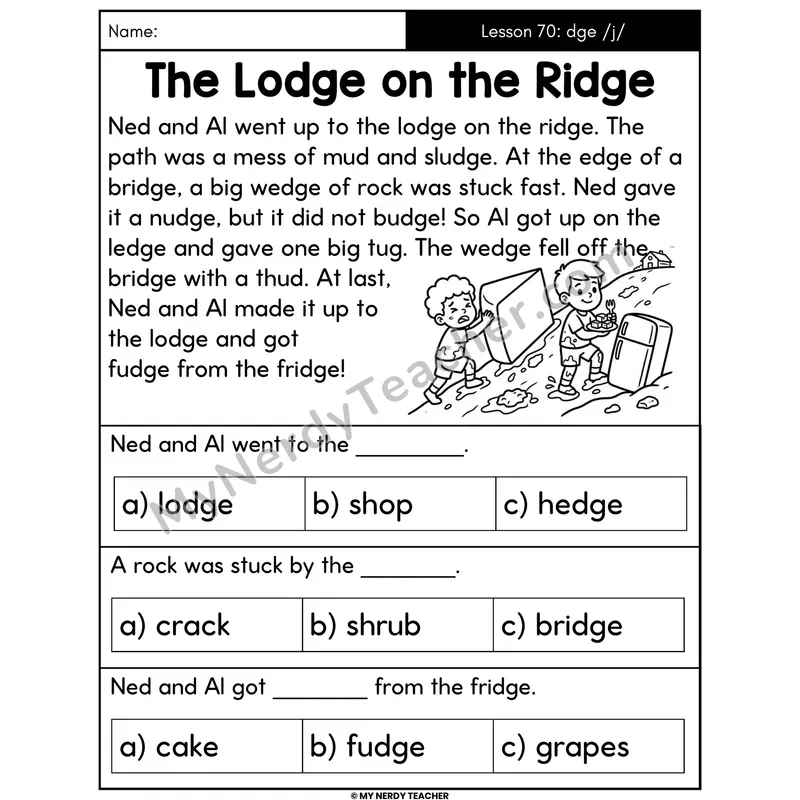 dge Trigraph Decodable Passage - The Lodge on the Ridge (Multiple Choice)