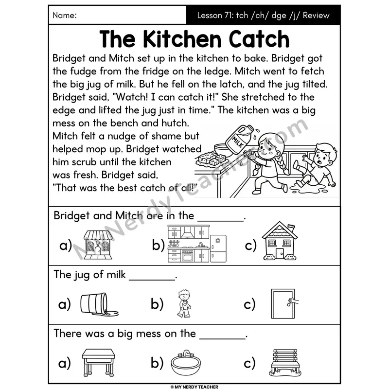 tch and dge Review Decodable Passage - The Kitchen Catch (Picture Choices)
