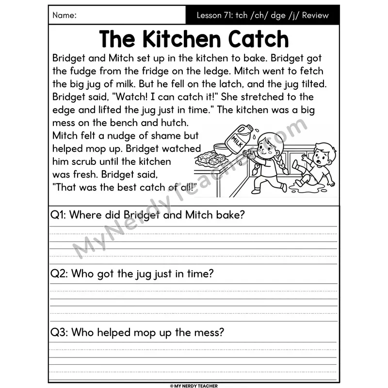 tch and dge Review Decodable Passage - The Kitchen Catch (Written Answers)