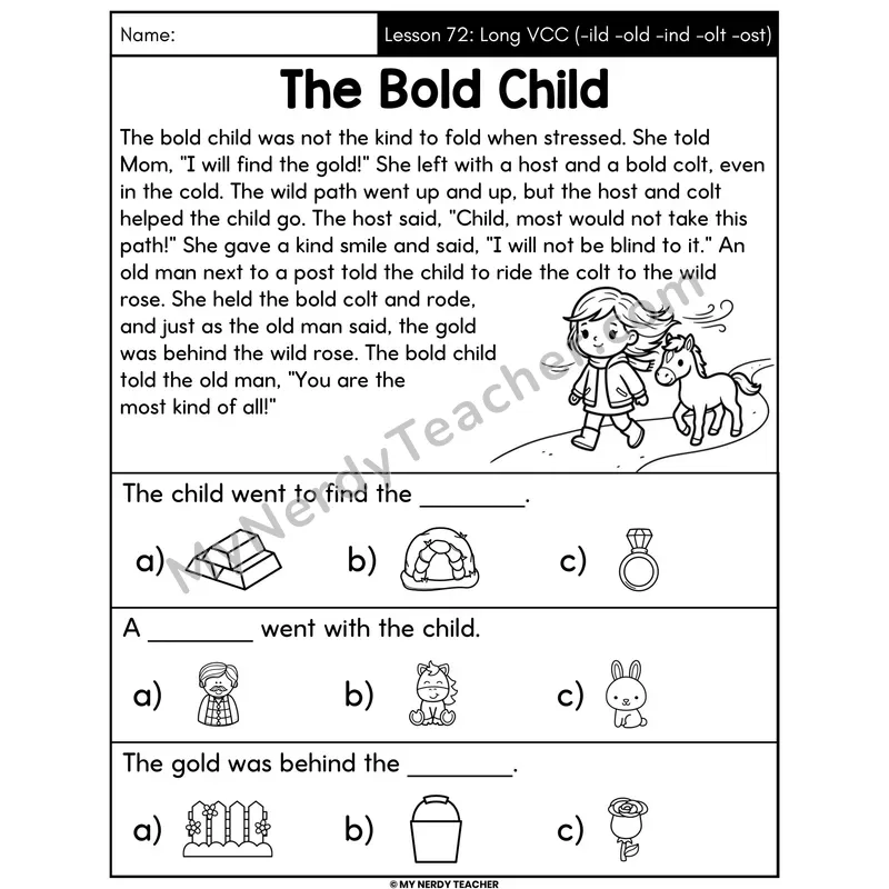 Long VCC -ild -old -ind -olt -ost Decodable Passage - The Bold Child (Picture Choices)