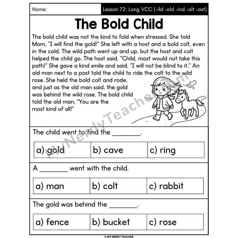 Long VCC -ild -old -ind -olt -ost Decodable Passage - The Bold Child (Multiple Choice)