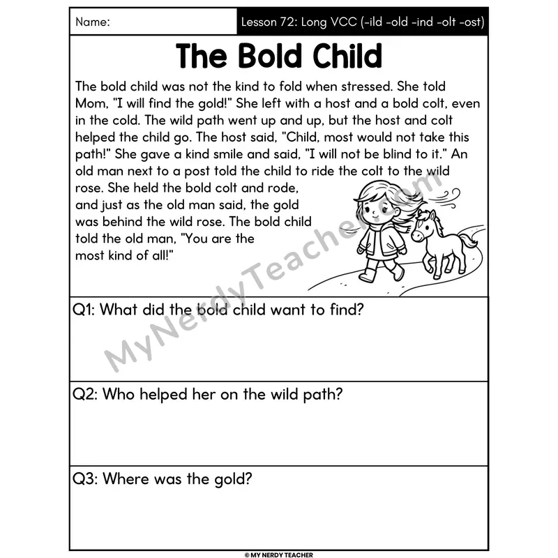 Long VCC -ild -old -ind -olt -ost Decodable Passage - The Bold Child (Answer Boxes)