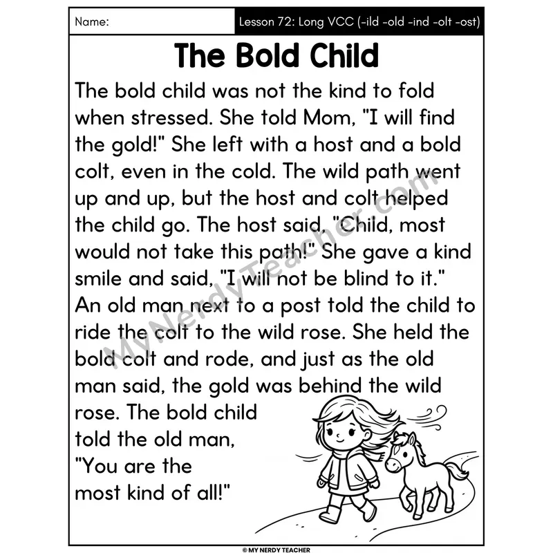 Long VCC -ild -old -ind -olt -ost Decodable Passage - The Bold Child (Large Print)