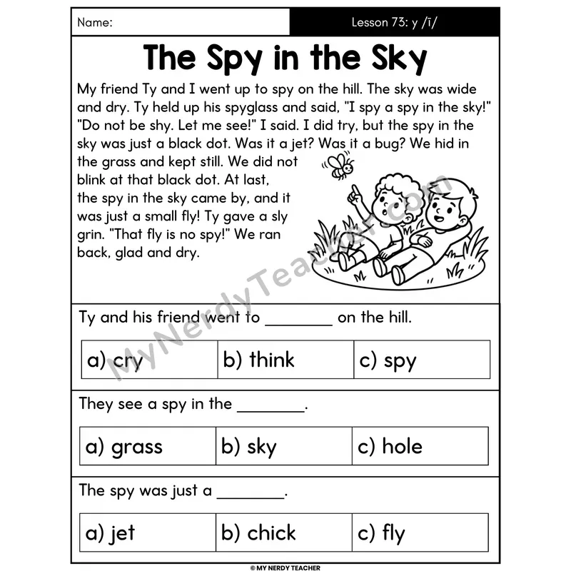 Y as Long I Decodable Passage - The Spy in the Sky (Multiple Choice)