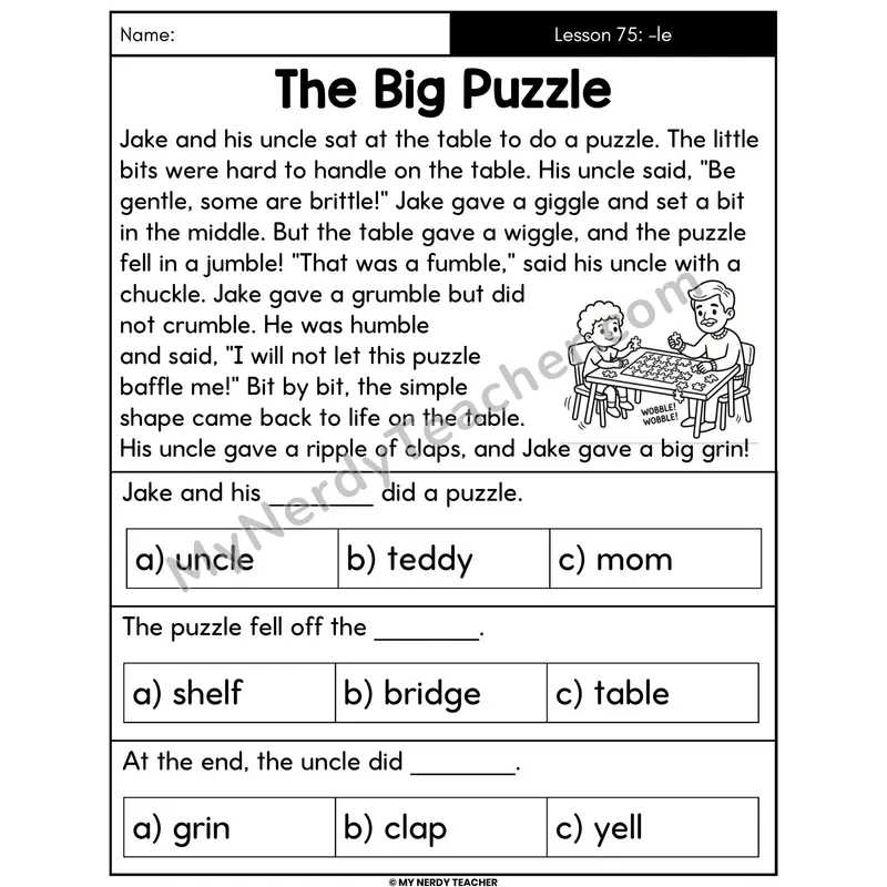 Consonant -le Syllables Decodable Passage - The Big Puzzle (Multiple Choice)