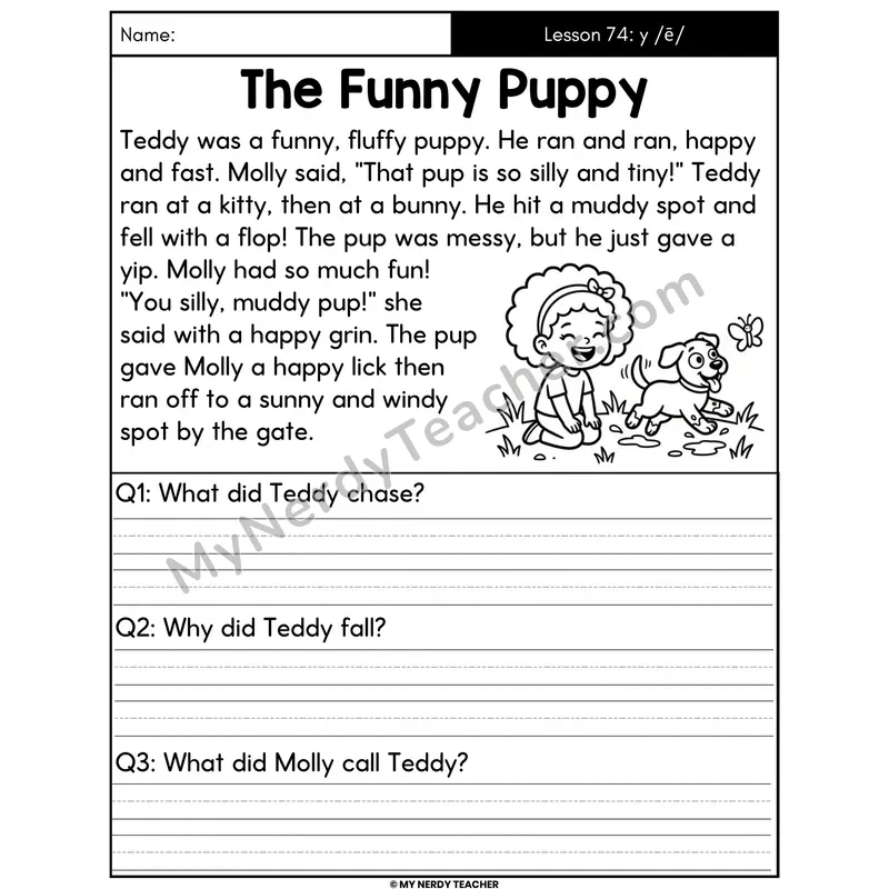 Y as Long E Decodable Passage - The Funny Puppy (Written Answers)
