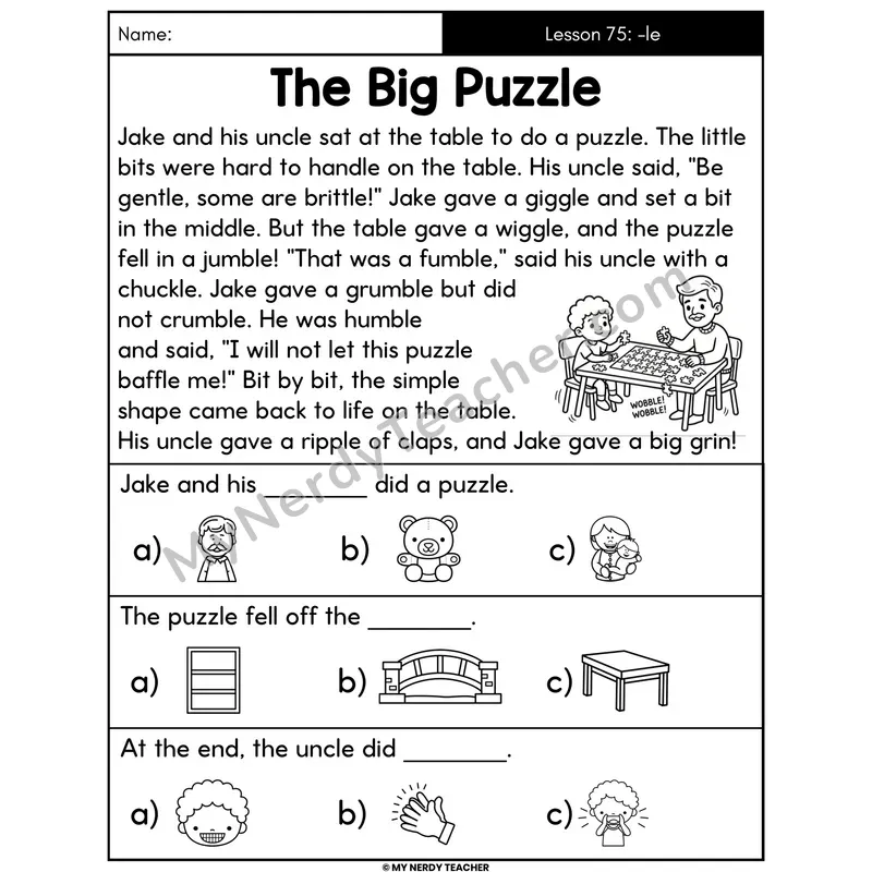 Consonant -le Syllables Decodable Passage - The Big Puzzle (Picture Choices)