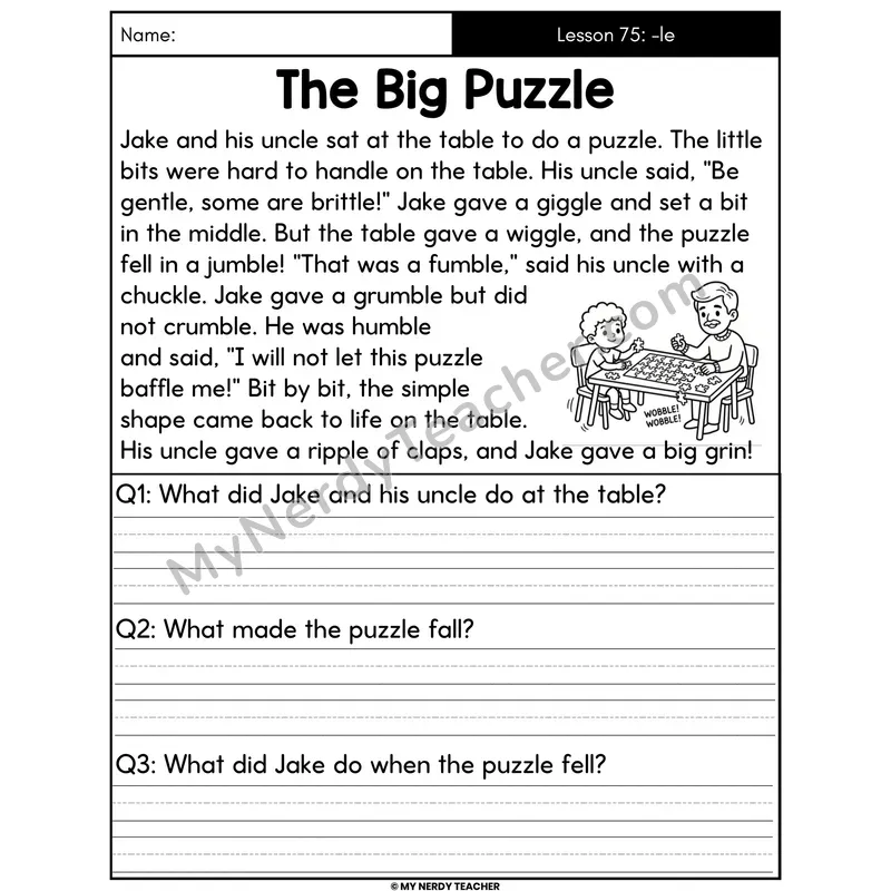 Consonant -le Syllables Decodable Passage - The Big Puzzle (Written Answers)