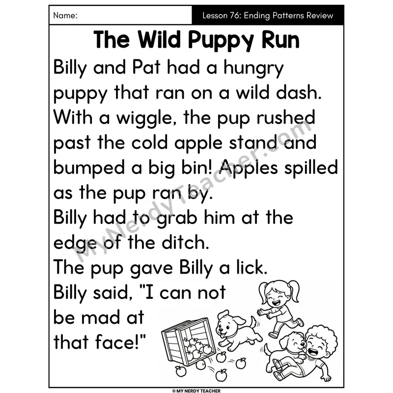 Ending Spelling Patterns Review Decodable Passage - The Wild Puppy Run (Large Print)