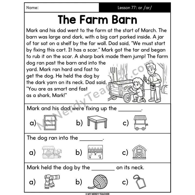 ar R-Controlled Vowel Decodable Passage - The Farm Barn (Picture Choices)