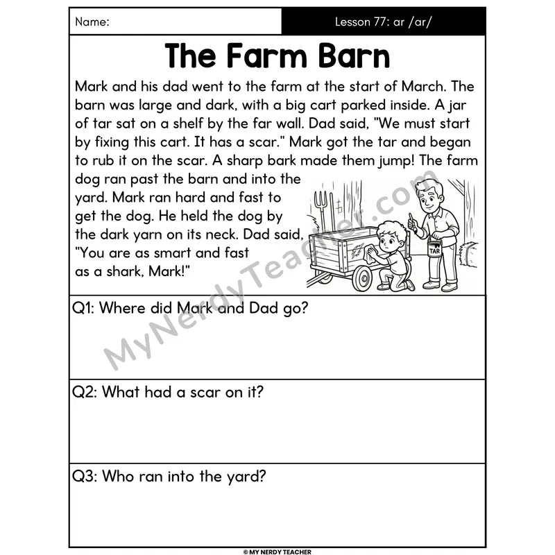ar R-Controlled Vowel Decodable Passage - The Farm Barn (Answer Boxes)