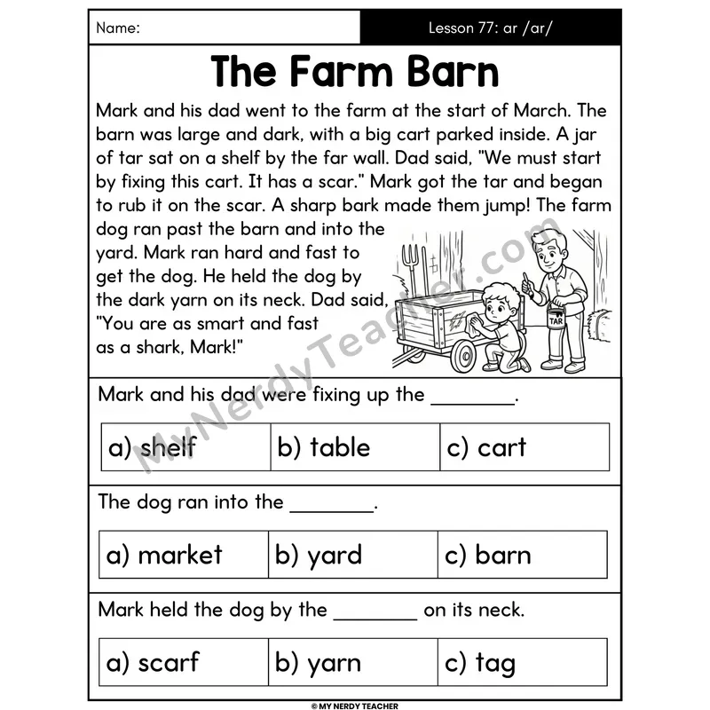 ar R-Controlled Vowel Decodable Passage - The Farm Barn (Multiple Choice)