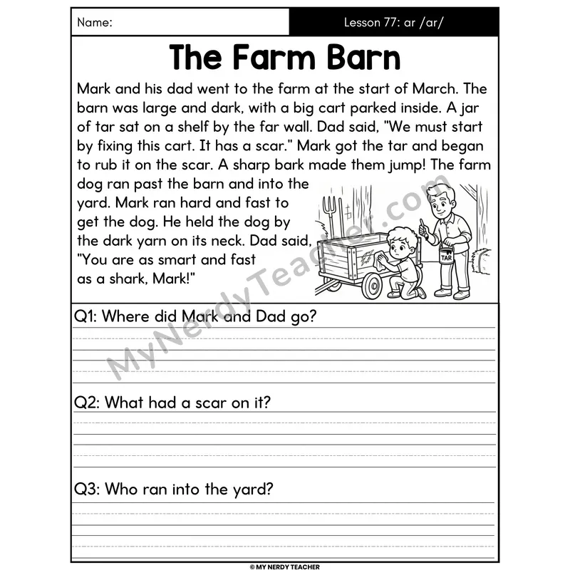 ar R-Controlled Vowel Decodable Passage - The Farm Barn (Written Answers)