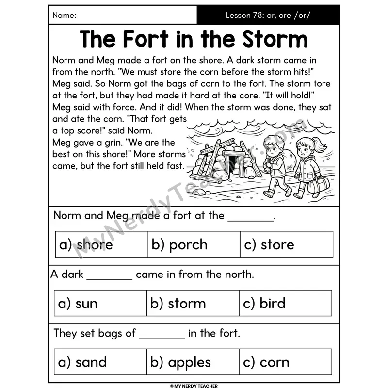 or and ore R-Controlled Decodable Passage - The Fort in the Storm (Multiple Choice)