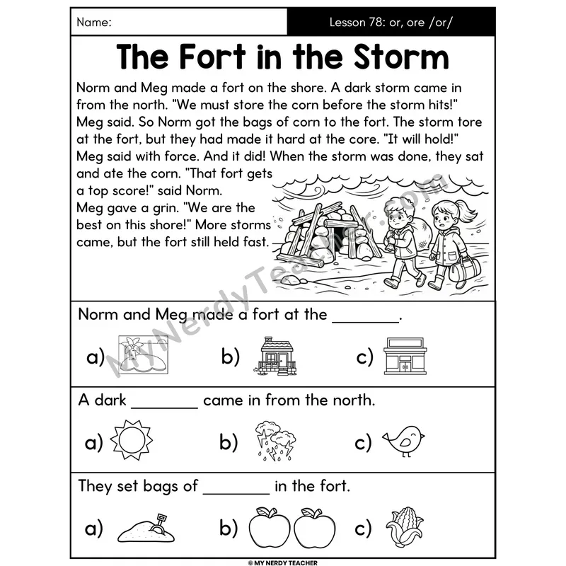 or and ore R-Controlled Decodable Passage - The Fort in the Storm (Picture Choices)