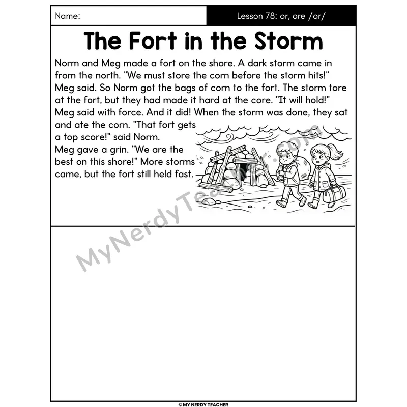 or and ore R-Controlled Decodable Passage - The Fort in the Storm (Draw the Story)