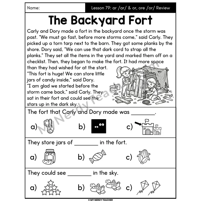 ar or ore Review Decodable Passage - The Backyard Fort (Picture Choices)