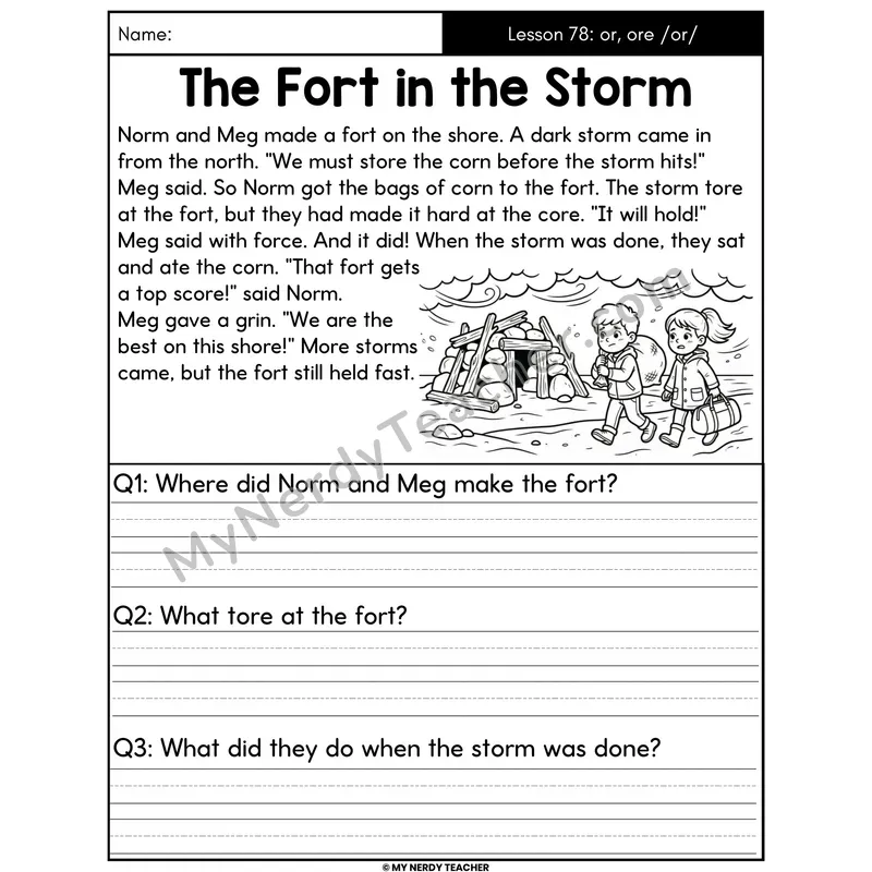 or and ore R-Controlled Decodable Passage - The Fort in the Storm (Written Answers)
