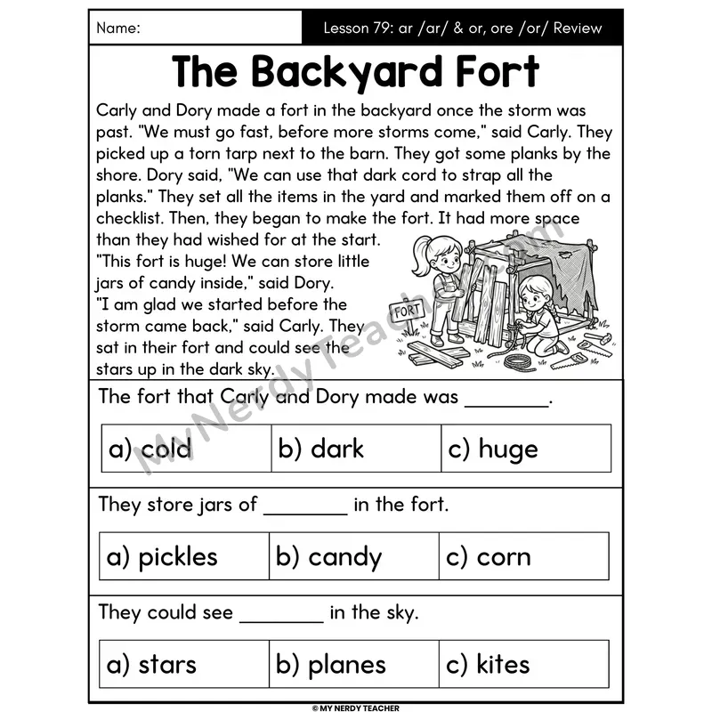 ar or ore Review Decodable Passage - The Backyard Fort (Multiple Choice)