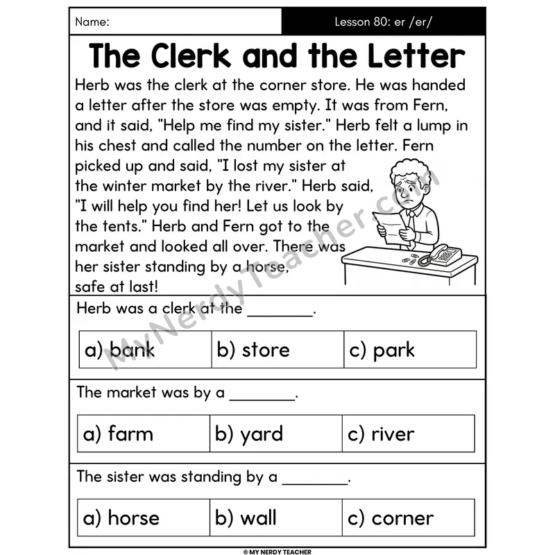 er R-Controlled Vowel Decodable Passage - The Clerk and the Letter (Multiple Choice)