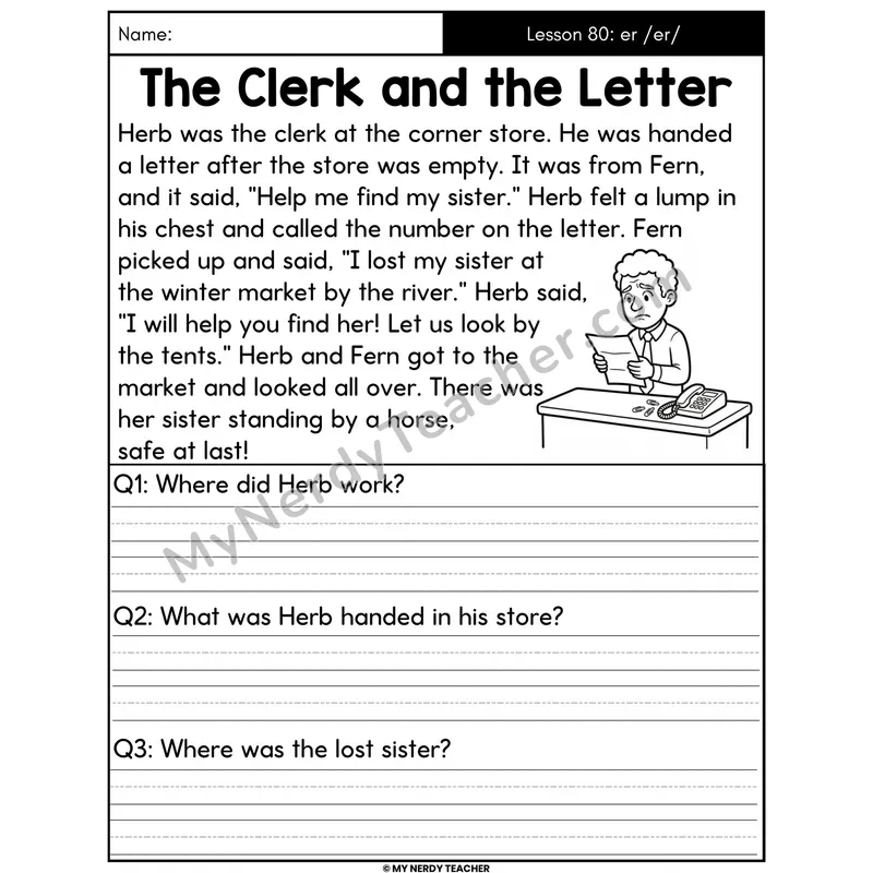 er R-Controlled Vowel Decodable Passage - The Clerk and the Letter (Written Answers)