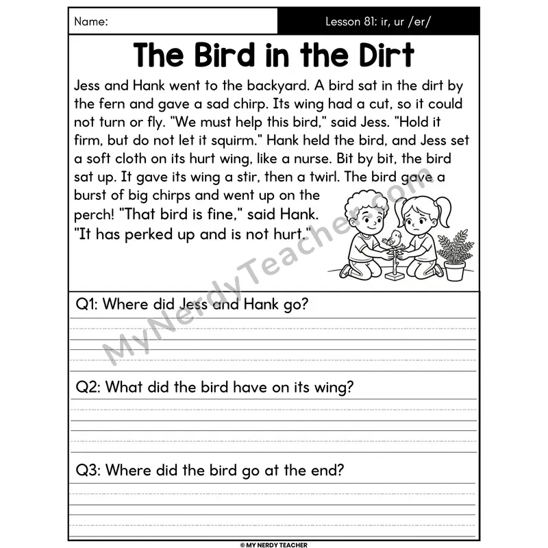ir and ur R-Controlled Decodable Passage - The Bird in the Dirt (Written Answers)