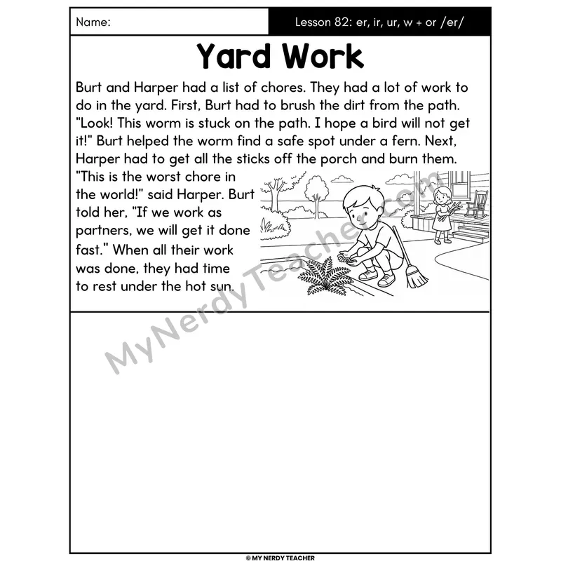 Spelling /er/ with er ir ur w+or Decodable Passage - Yard Work (Draw the Story)