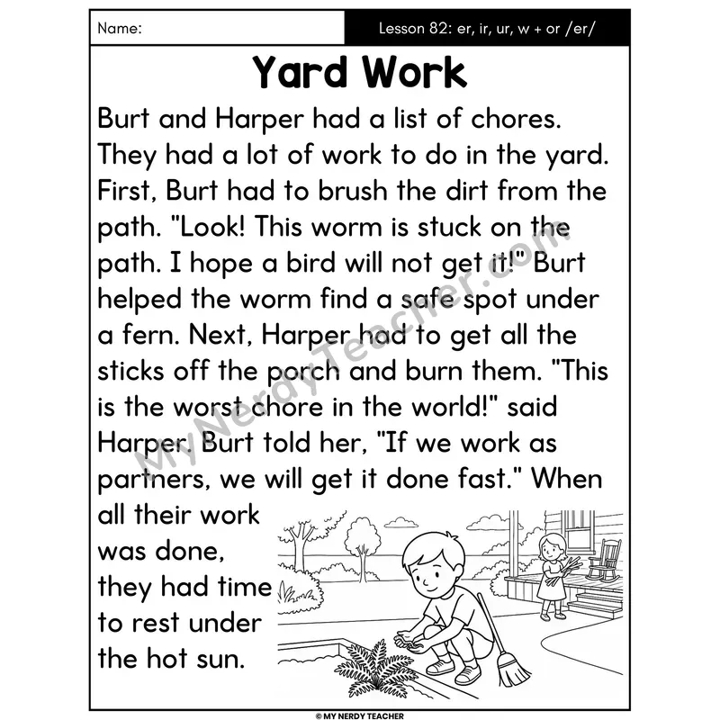 Spelling /er/ with er ir ur w+or Decodable Passage - Yard Work (Large Print)