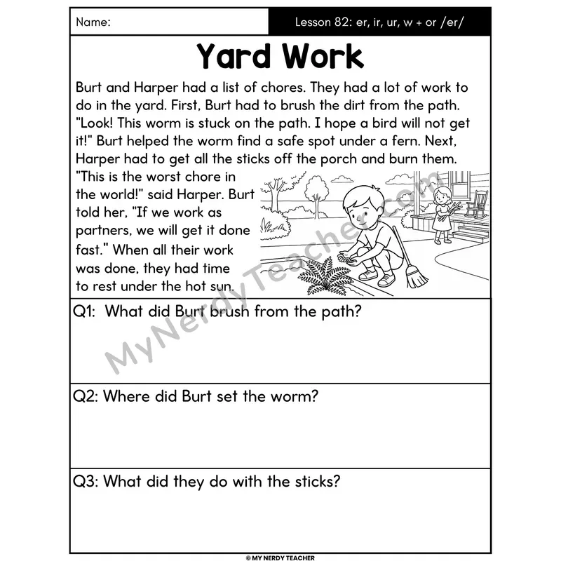 Spelling /er/ with er ir ur w+or Decodable Passage - Yard Work (Answer Boxes)