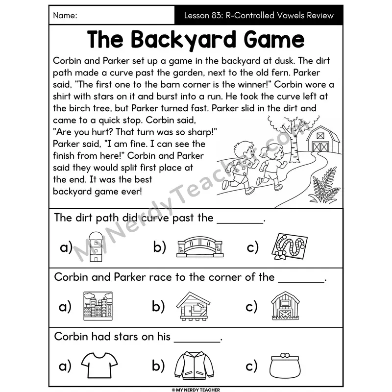 R-Controlled Vowels Review Decodable Passage - The Backyard Game (Picture Choices)