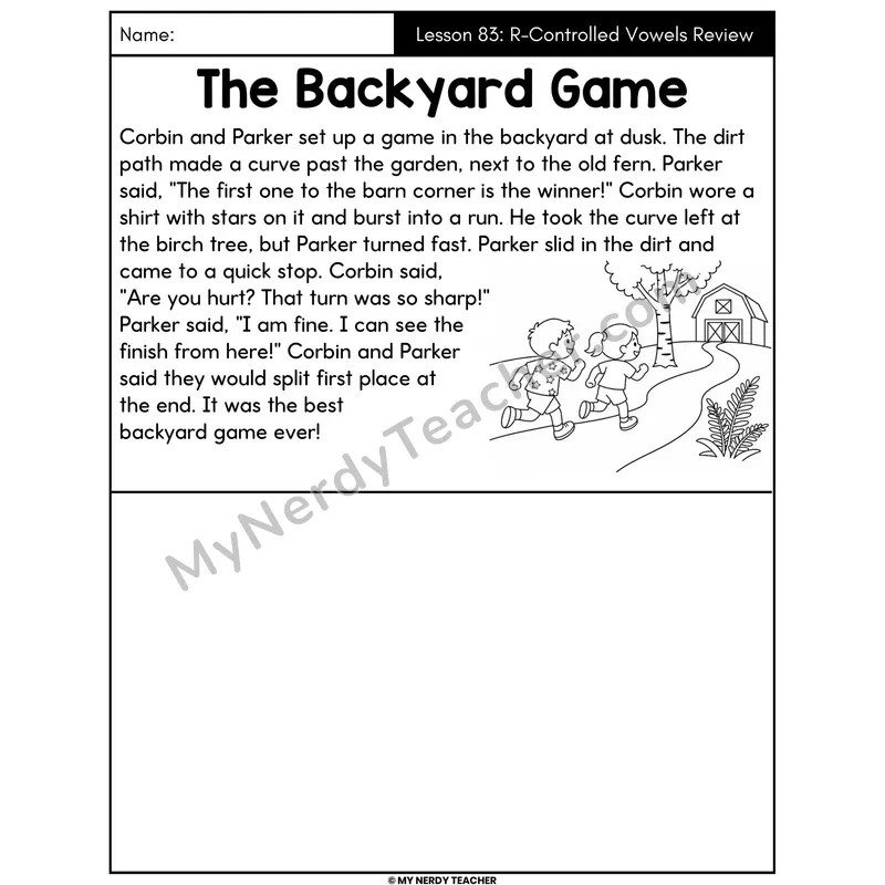 R-Controlled Vowels Review Decodable Passage - The Backyard Game (Draw the Story)