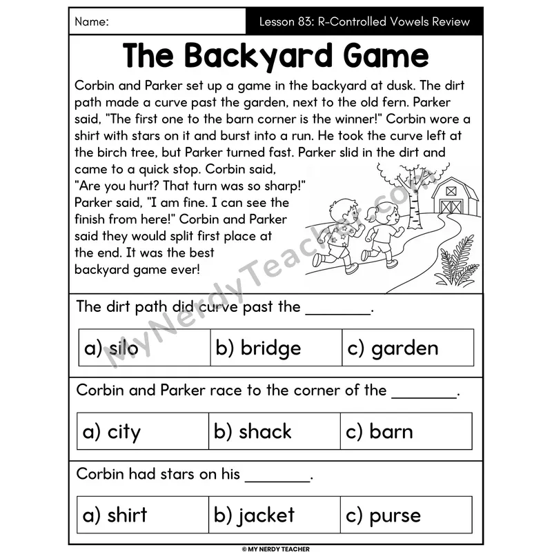 R-Controlled Vowels Review Decodable Passage - The Backyard Game (Multiple Choice)