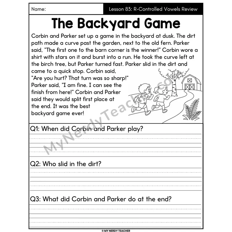 R-Controlled Vowels Review Decodable Passage - The Backyard Game (Written Answers)