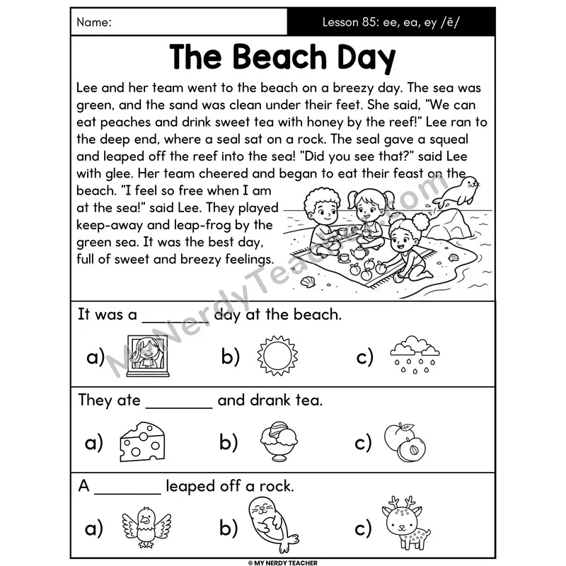 ee ea ey Vowel Teams Decodable Passage - The Beach Day (Picture Choices)