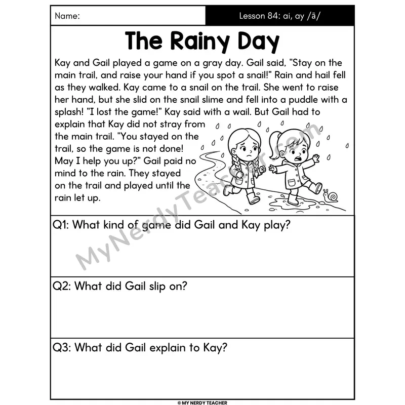 ai and ay Vowel Teams Decodable Passage - The Rainy Day (Answer Boxes)