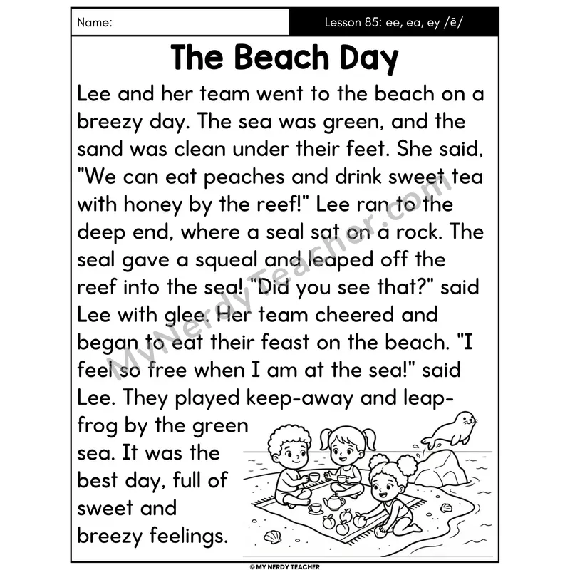 ee ea ey Vowel Teams Decodable Passage - The Beach Day (Large Print)