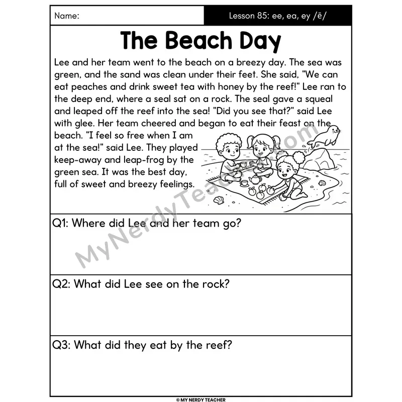 ee ea ey Vowel Teams Decodable Passage - The Beach Day (Answer Boxes)