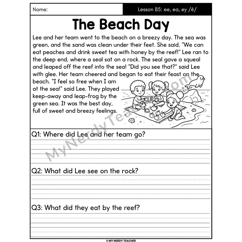 ee ea ey Vowel Teams Decodable Passage - The Beach Day (Written Answers)