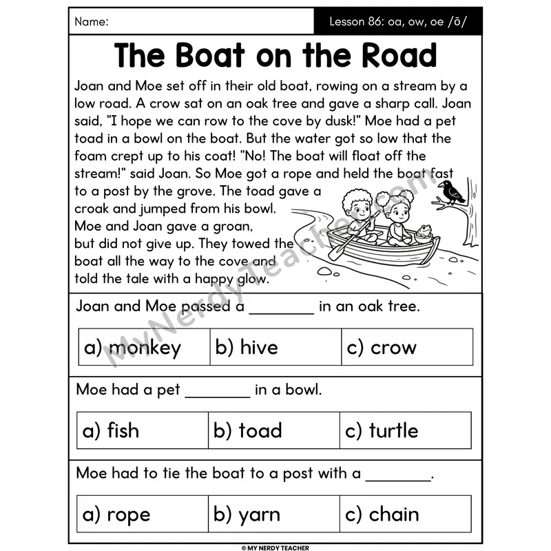 oa ow oe Vowel Teams Decodable Passage - The Boat on the Road (Multiple Choice)