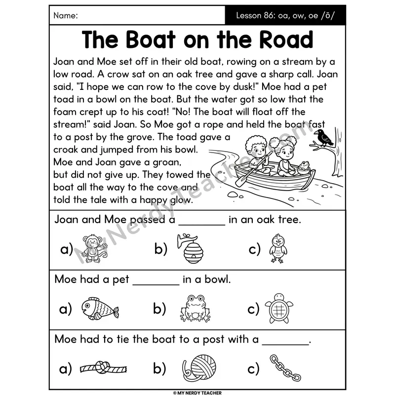 oa ow oe Vowel Teams Decodable Passage - The Boat on the Road (Picture Choices)