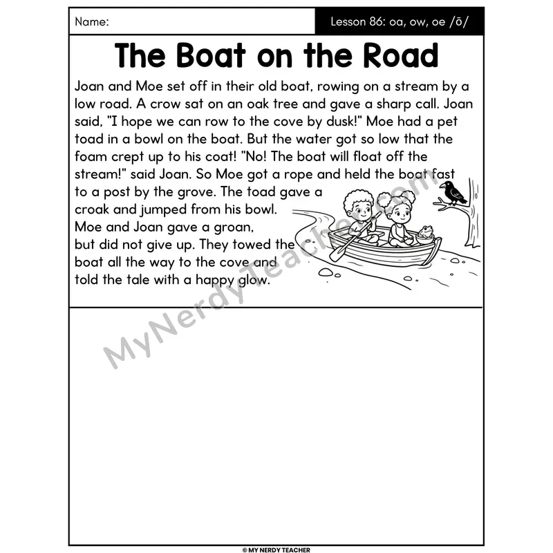 oa ow oe Vowel Teams Decodable Passage - The Boat on the Road (Draw the Story)