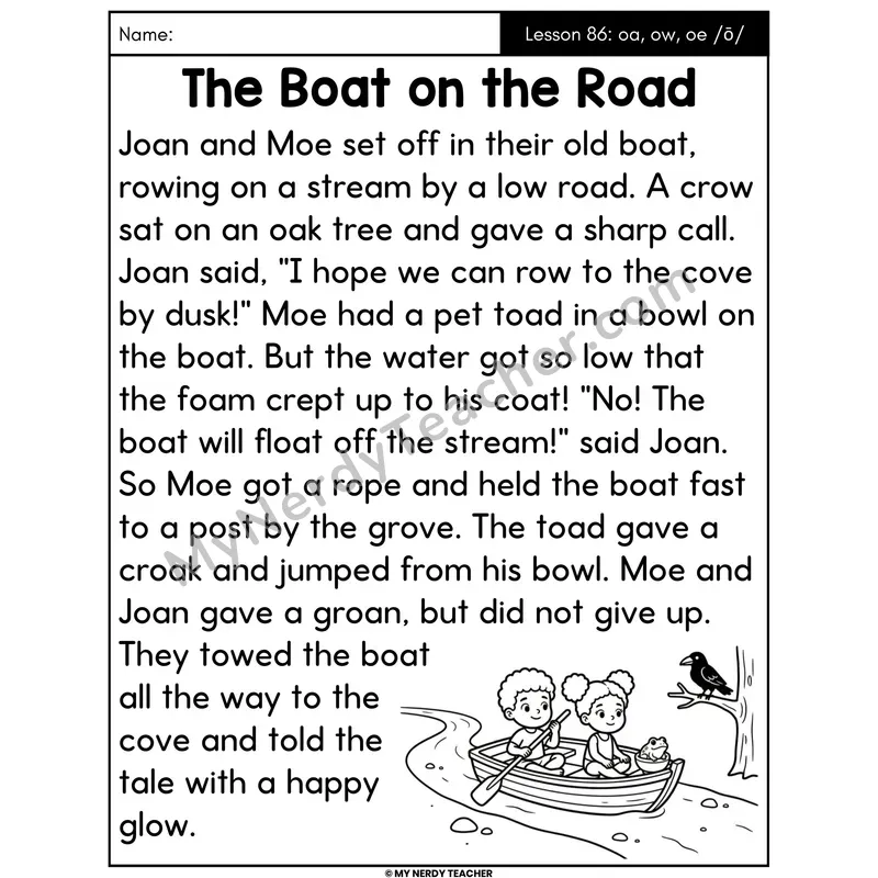 oa ow oe Vowel Teams Decodable Passage - The Boat on the Road (Large Print)