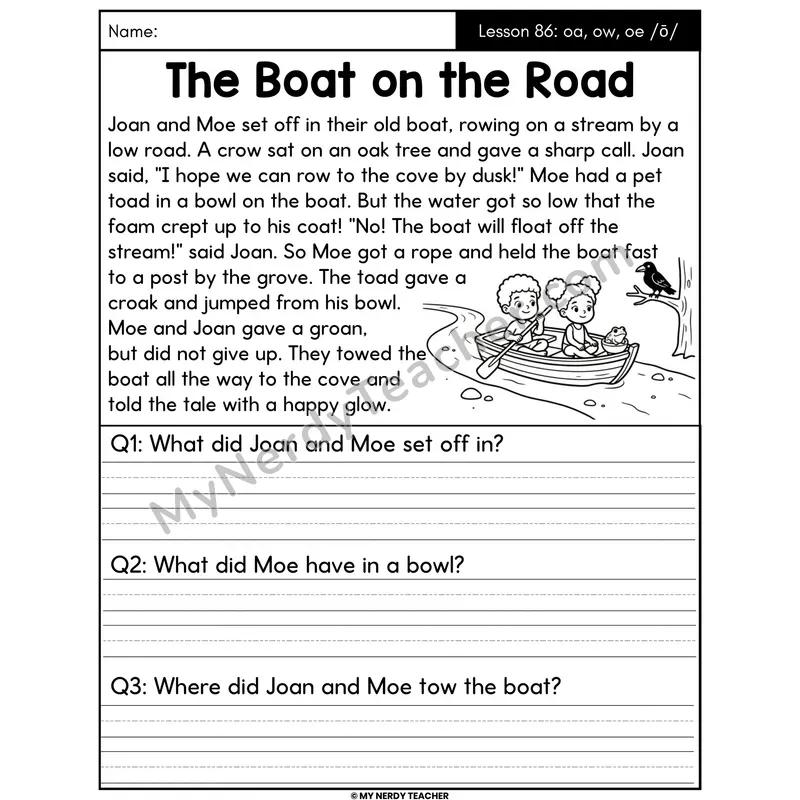 oa ow oe Vowel Teams Decodable Passage - The Boat on the Road (Written Answers)