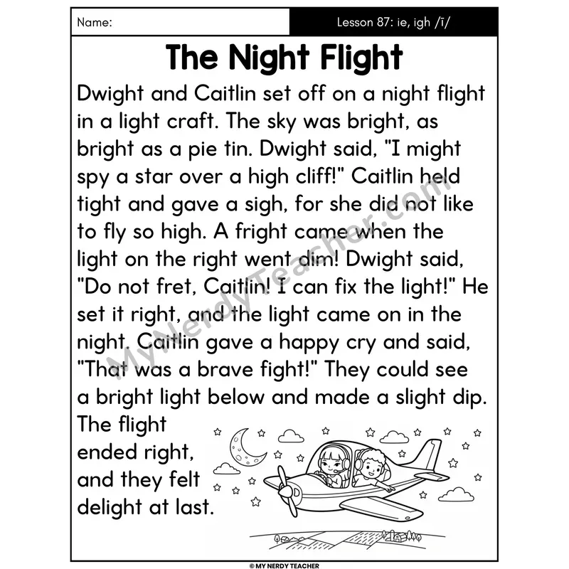 ie and igh Vowel Teams Decodable Passage - The Night Flight (Large Print)