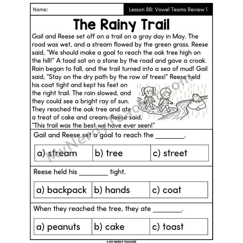 Vowel Teams Review 1 Decodable Passage - The Rainy Trail (Multiple Choice)