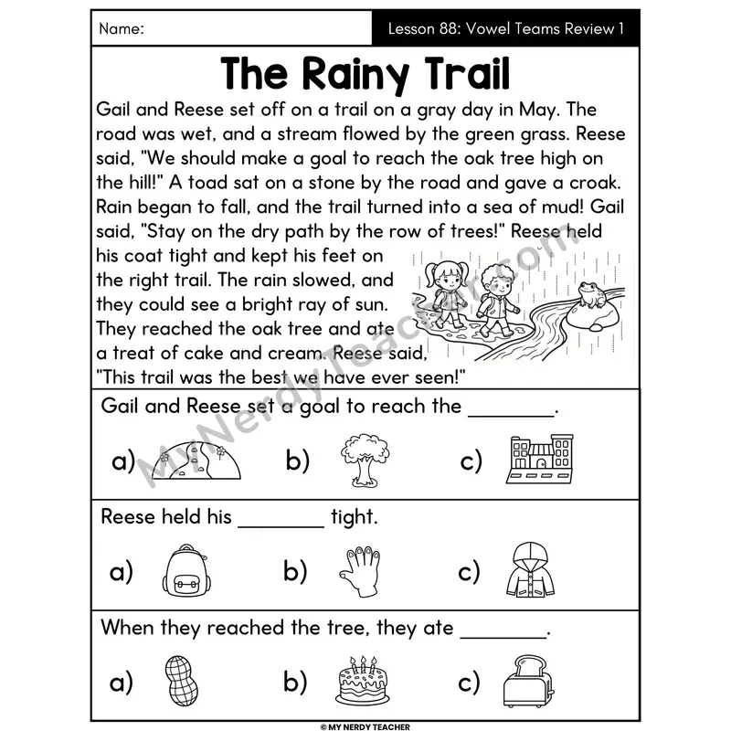 Vowel Teams Review 1 Decodable Passage - The Rainy Trail (Picture Choices)